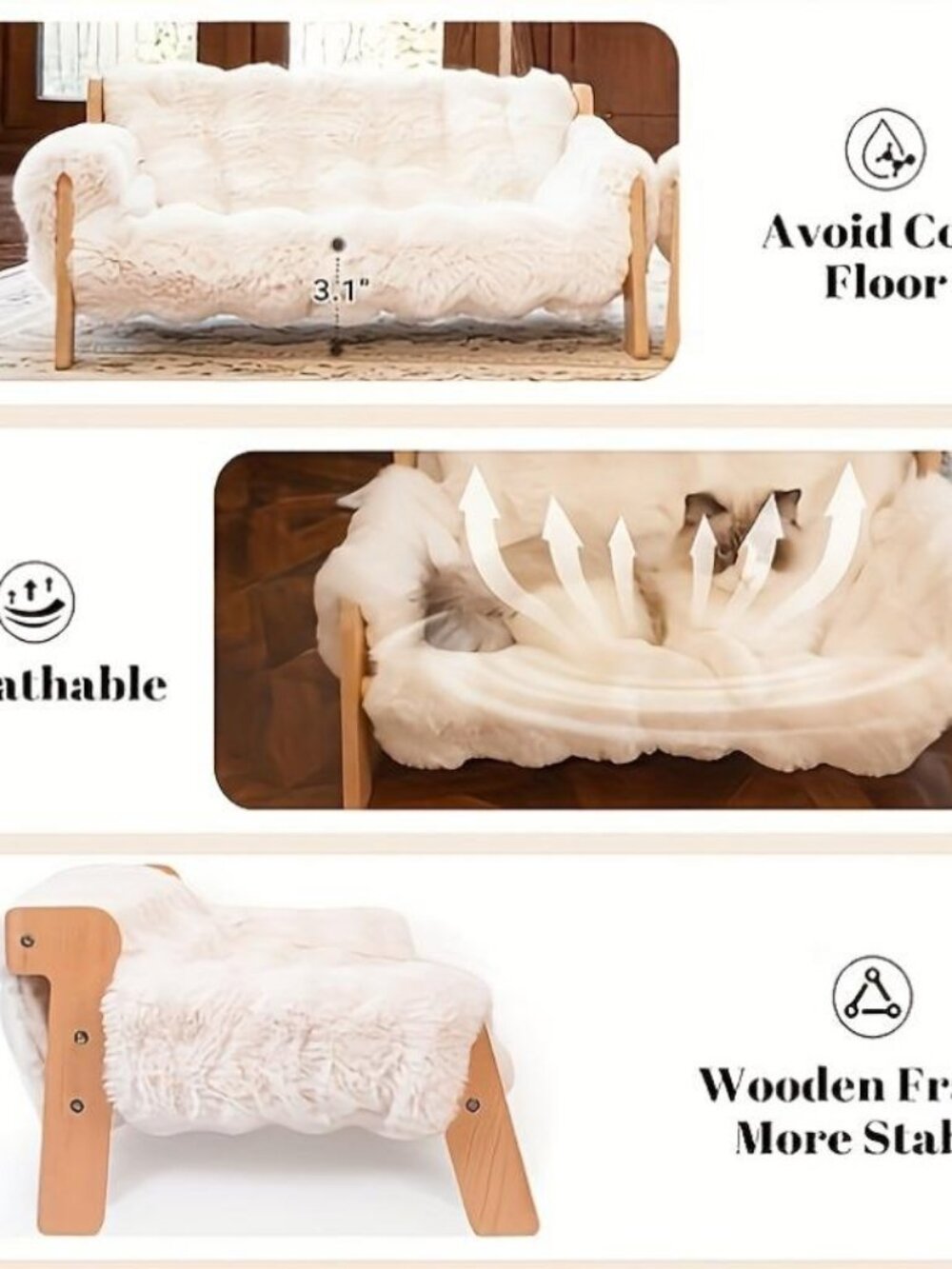 Cat Sofa Bed, Soft Plush Pet Couch with Removable Washable Cover, Non‑Slip Bolst - Picture 6 of 10